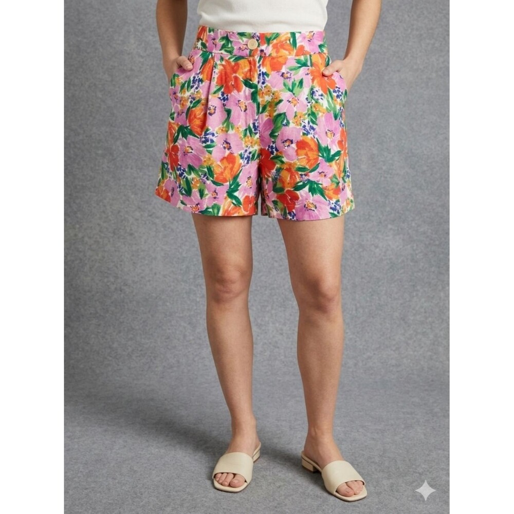 Zara Floral Linen Blend High Waisted Pleated Shorts Multi-Color Size Medium